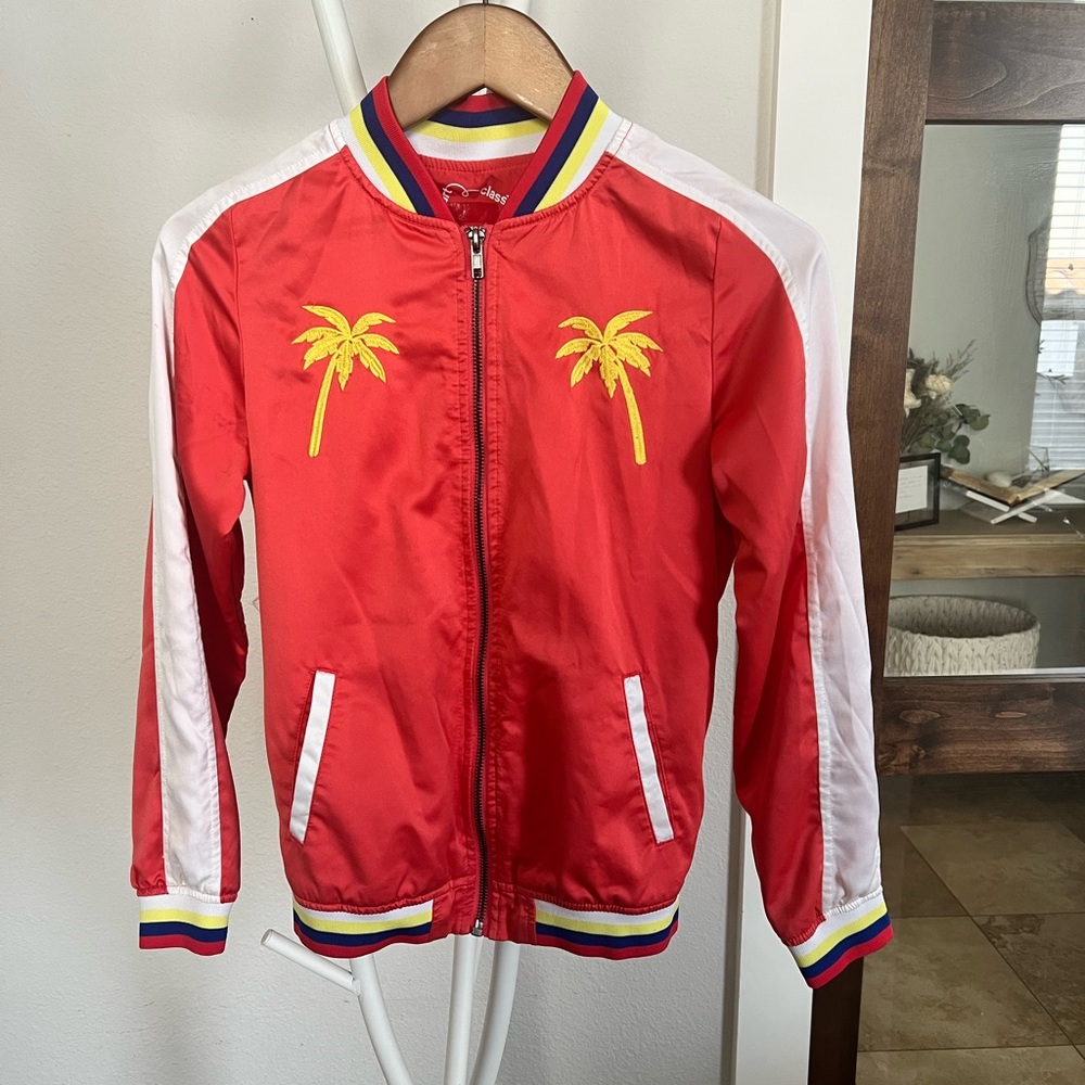 Endless Summer Red Satin Bomber Jacket Youth 10/12 Embroidered Palms